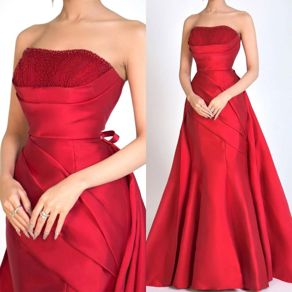 

Customized Elegant Red Satin Evening Dress Classic Strapless Sleeveless Party Dresses Delicate Mermaid Beading Celebrity Gowns