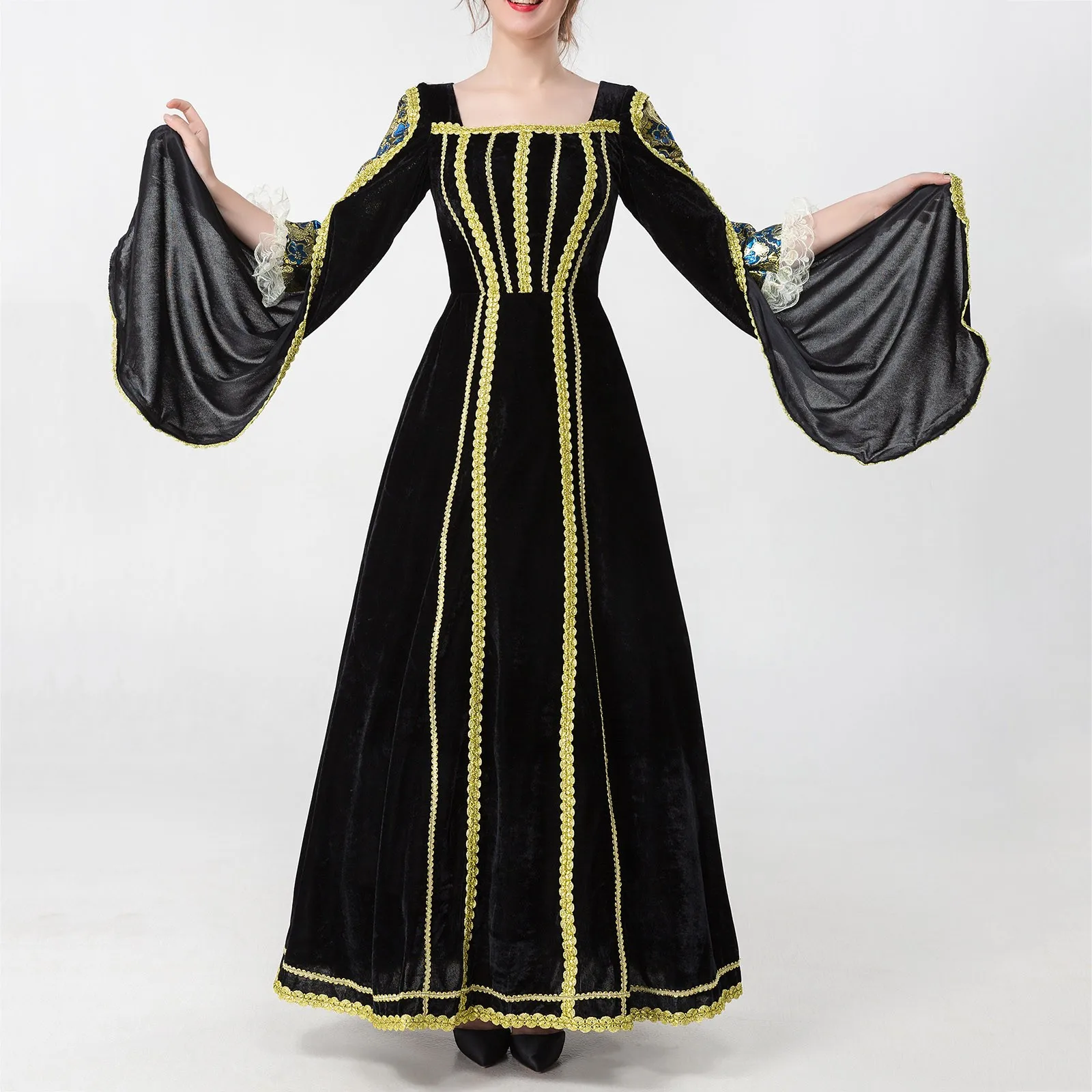 Women's Black Velvet French Court Dresses Medieval Renaissance Vintage Festival Performance Cosplay Costume Dress