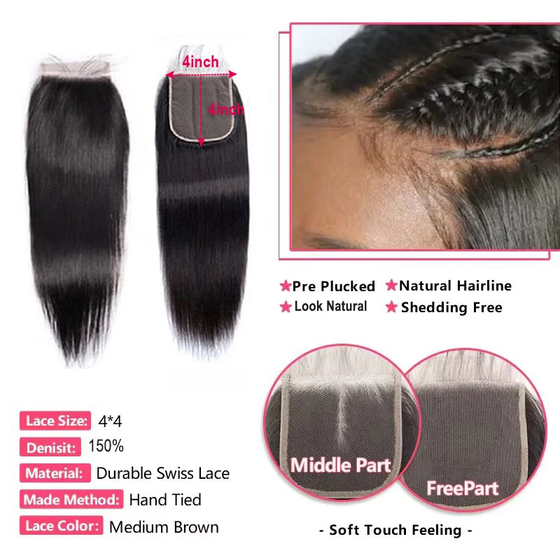 Osso em linha reta pacotes de cabelo humano com fechamento 4x4 fechamentos de renda com pacotes tecer cabelo brasileiro pacotes com fechamento remy cabelo