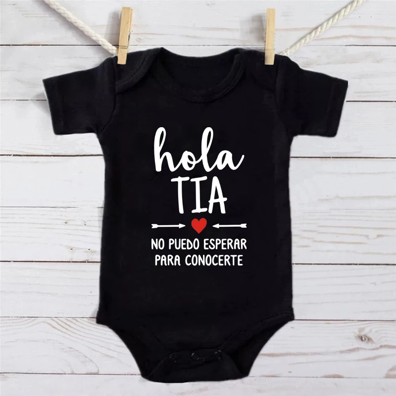 Hola Tia Spanish Baby Bodysuits Newborn Announcement To Aunt Boys Grils Casual Clothes Romper No Puedo Esperar Para Conocerte