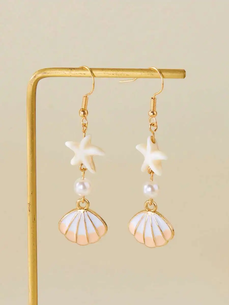 1 Pair Minimalist Starfish, Pearl & Shell Design Earrings, Suitable For Beach Vacation & Summer Matching
