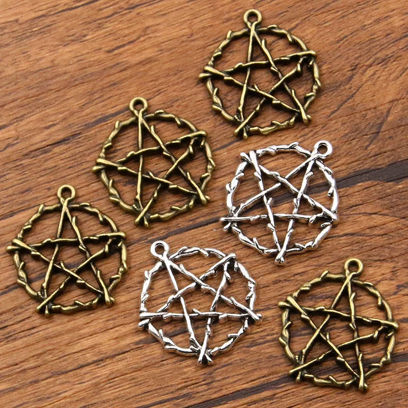 10Pcs 25*28mm 2 Color Wholesale Round Charms Five Point Star Pendant Handmade Decoration Vintage For DIY Jewelry Making Findings