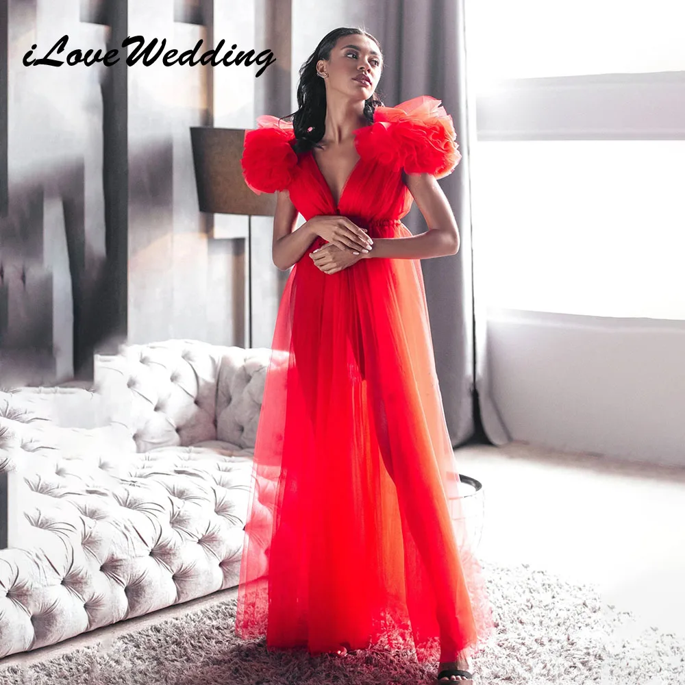 

ILoveWedding Sexy Red Maternity Dress For Photography Tulle V-Neckline Ruffles Sleeves Front Slit Babyshower for Pregnant Gowns