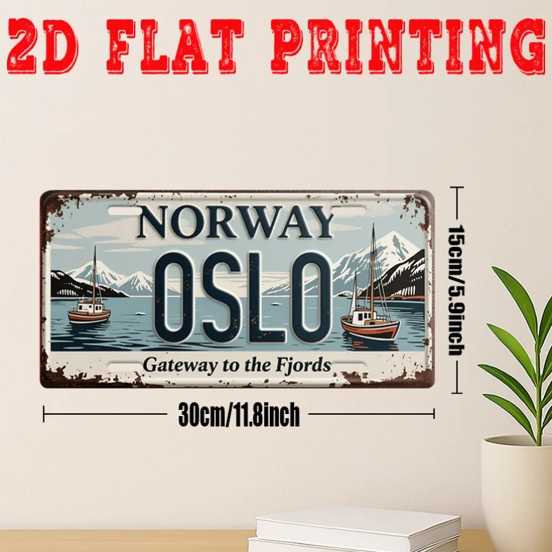 2D Flat, 2D Flat - 2D Printed Sign, 1pc, Vintage Metal Aluminum Sign, Decorative Plaque and Signboard, Oslo City Sign, Fjord Vin