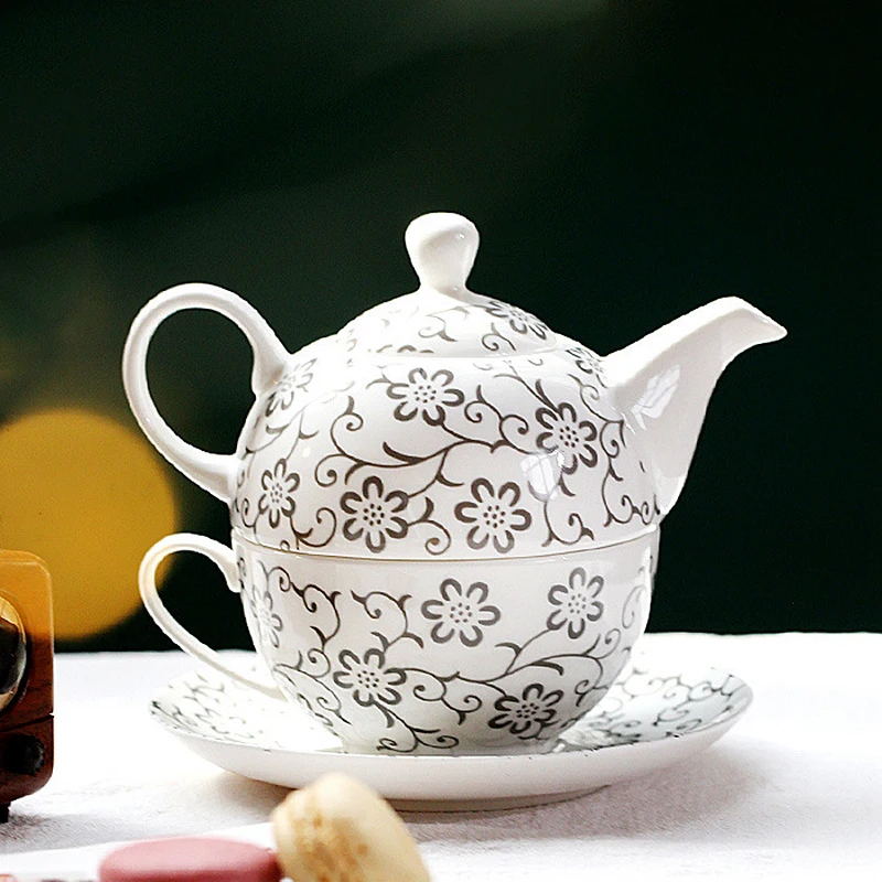 Floral Ceramic Teapot Set with Cup and Saucer, 370ml Tea Pot & 250ml Cup Set, Coffee Cup Dessert Plate