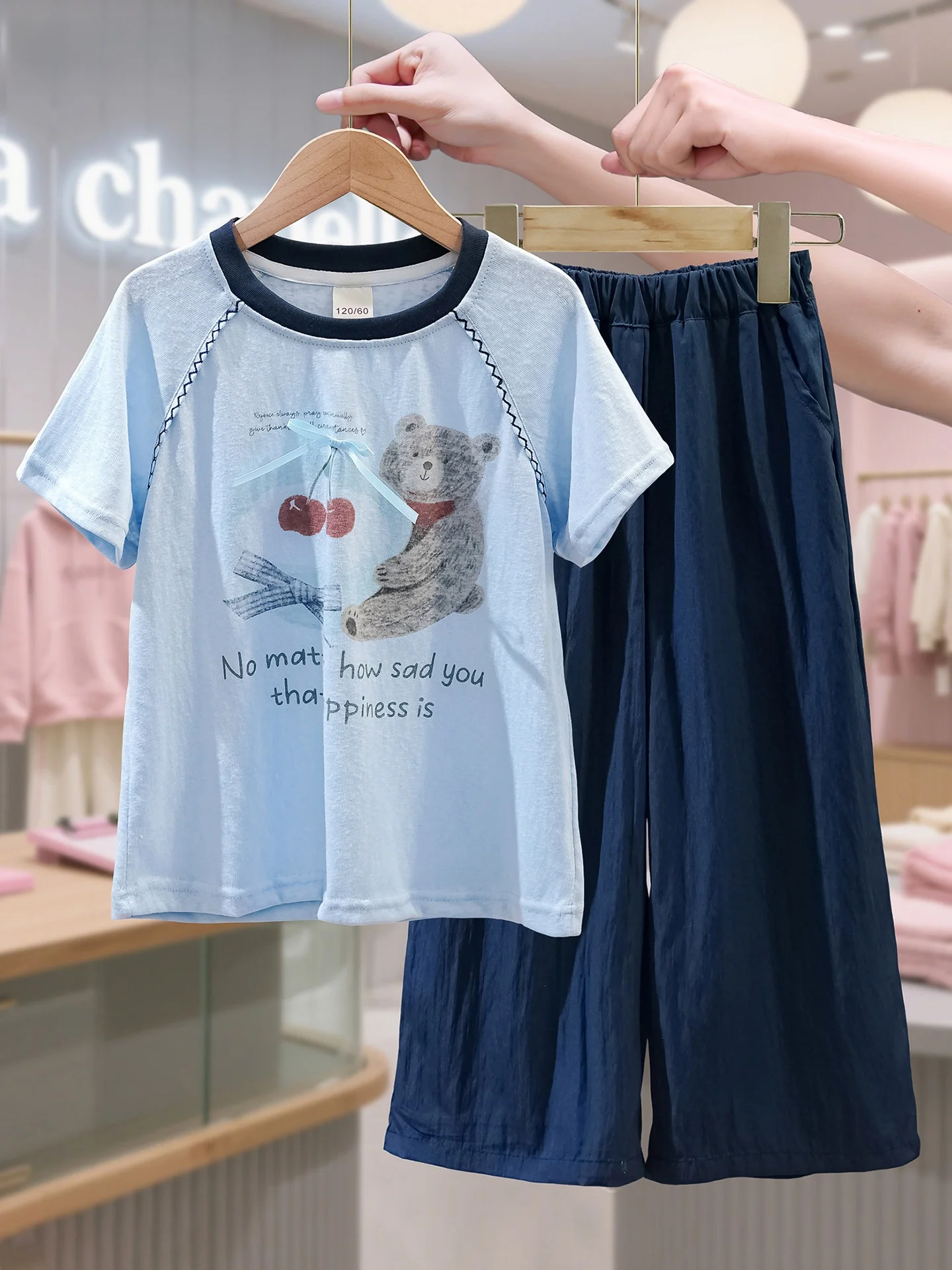 la-chapelle-children's-summer-outfit-bear-print-t-shirt-and-wide-leg-pants-set-for-girls-age-3-14-casual-breathable-clothing