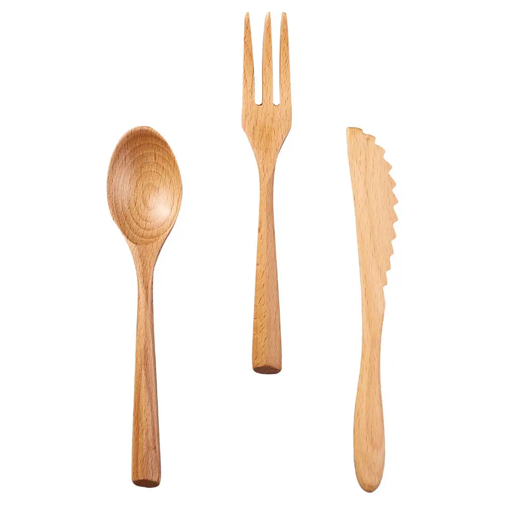 3Pcs Beech Cutlery Set Natural Wood Grain Finish Simple Elegant Design Sustainable Biodegradable Daily Cutlery for Home Office