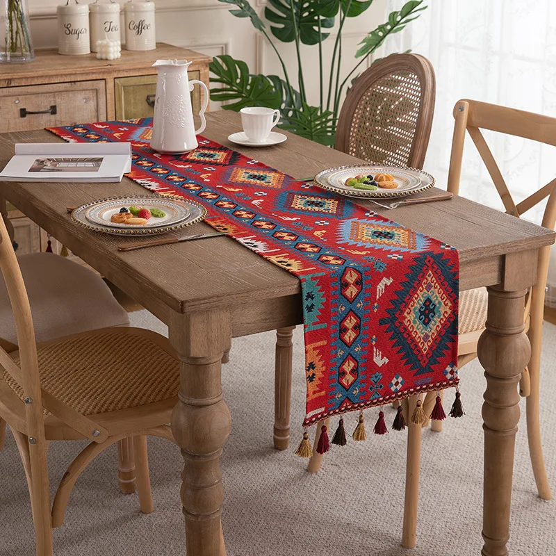 New Jacquard Polyester Bed Tail Cover Table Runner  American-style Fringed Color-woven Coffee Table TV Cabinet Cover Cloth