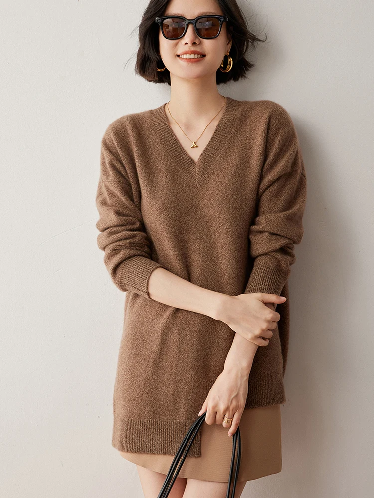 

Luxury High Quality Casual Loose Women's Clothing V-Neck Pullover 100% Cashmere Sweater Female Grace Soft Warm Knitting Tops