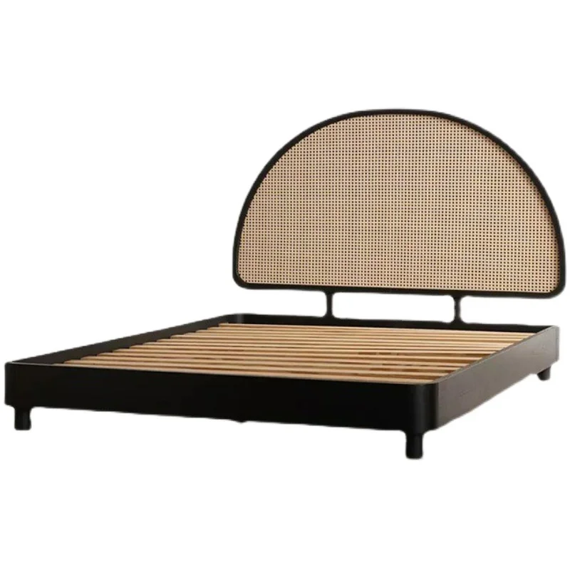 

French style solid wood rattan woven bed, retro homestay, home use, master bedroom, 1.51.8m natural wood bed