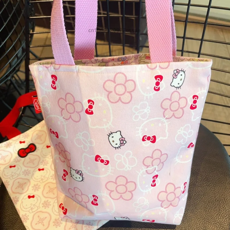 Sanrio Hello Kitty Girl serce bawełniana różowa tkanina torba na ramię damska haftowana kokardka ręcznie robiona przenośna podręczna torba