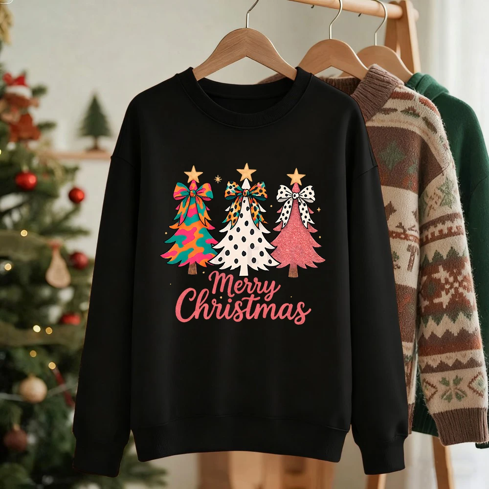 Frohe Weihnachten Bunte Schleife Bäume Drucke Sweatshirt Frauen Crewneck Casual Hoodie Lose Fleece Warme Pullover Winter Weiche Kleidung