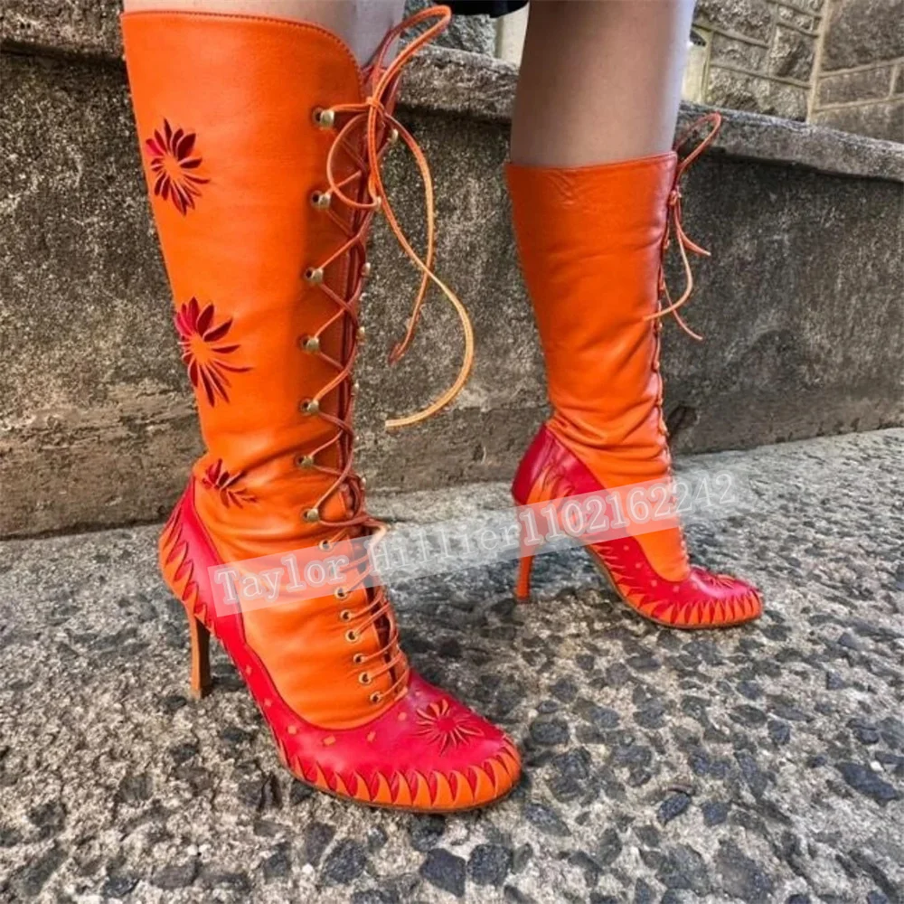 Autumn Retro Orange Lace-Up Mid-Calf Boots Women'S Print Stiletto Heeled Ankle Boots Fashion T-Stage Show Party Women'S Boots 46