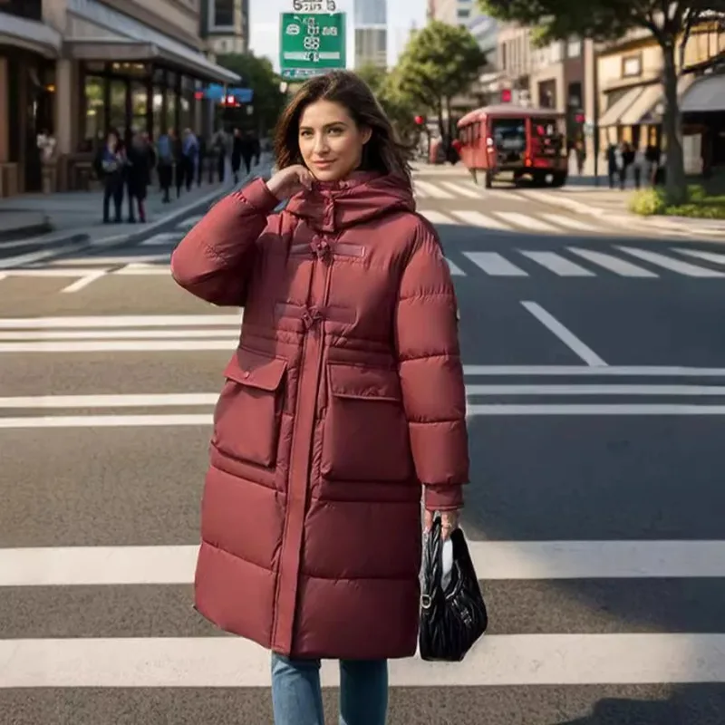 

Thickened Winter Coat for Women 2025 Long Hooded Cotton Jacket Warm Parkas Outerwear Pure Color Female Apparel