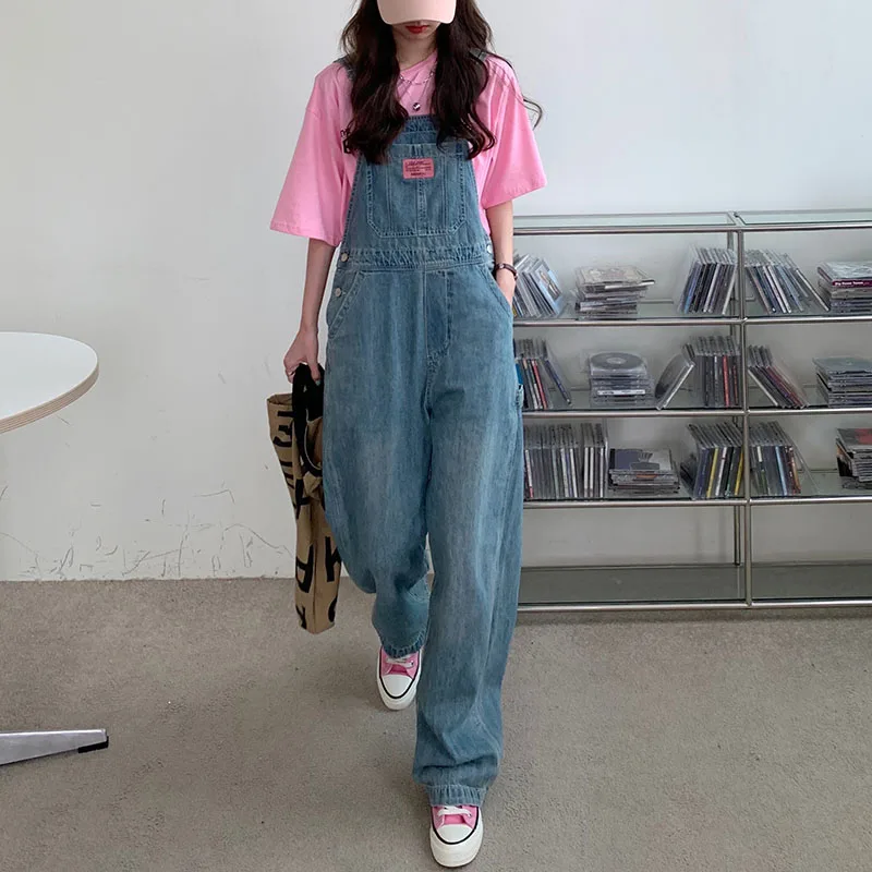 Vintage Denim Jumpsuit Voor Vrouwen 2023 Lente Blauwe Wijde Pijpen Straight Overalls Meisjes Casual Losse Romper Broek Streetwear