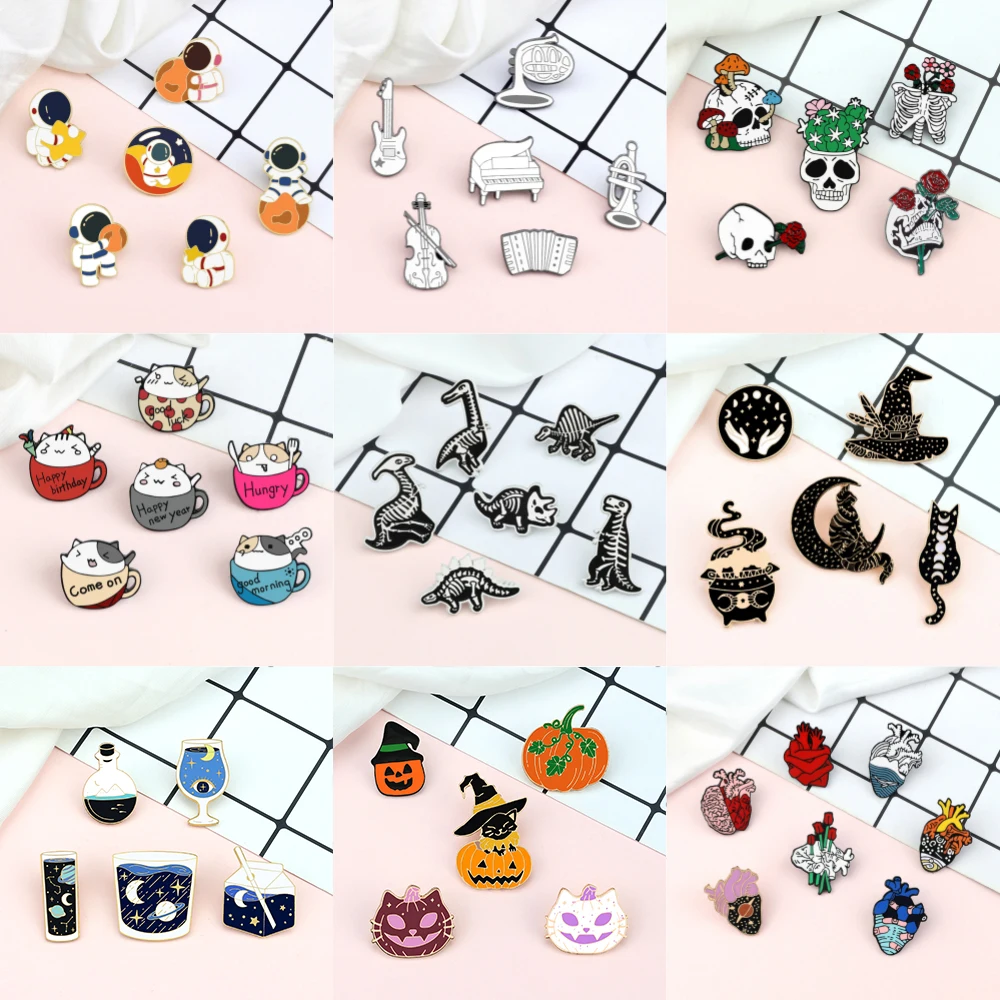 5-7pcs Punk Witch Skull Brooches Cartoon Anime Dinosaur Skeleton Heart Enamel Pin Animal Cats Bag Lapel Badges Jewelry Wholesale