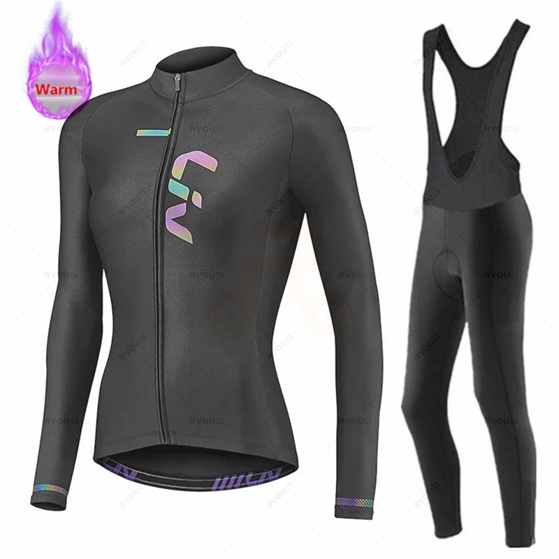 Liv-Thermal Fleece Cycling Jersey Set for Women, MTB Clothes, Road Bike Uniform, Cycling Clothing, Winter