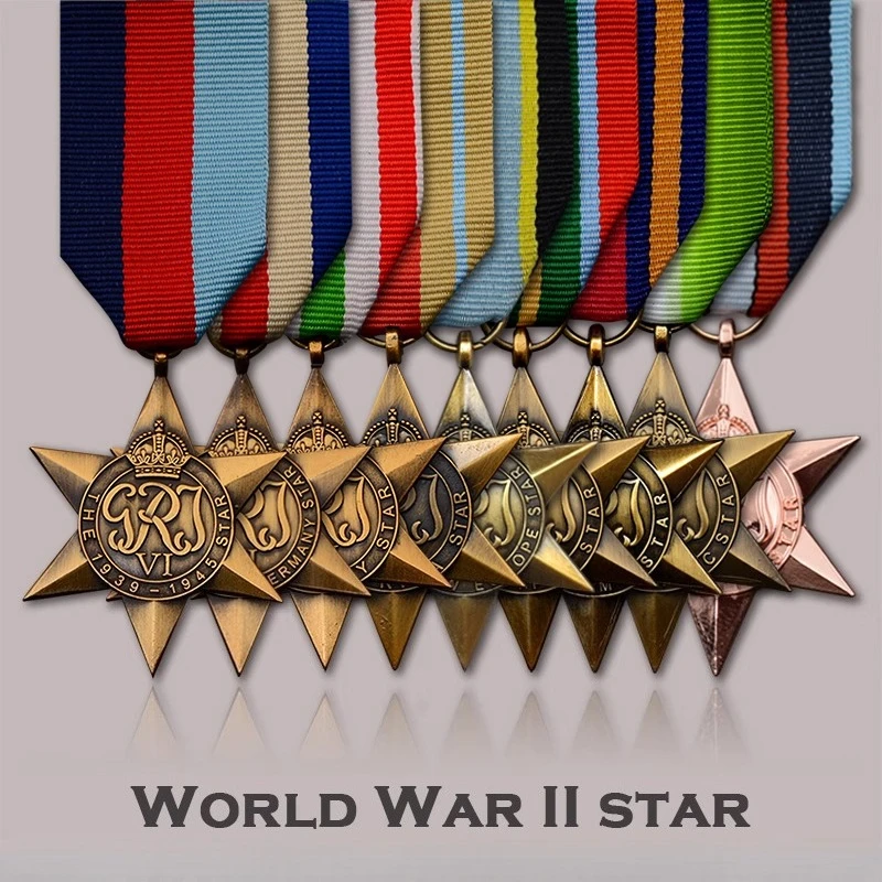 Italy, Africa, France, Germany, Atlantic, Pacific, Arctic, Europe Flight Team, Myanmar World War II Star Medal Ribbon Badges