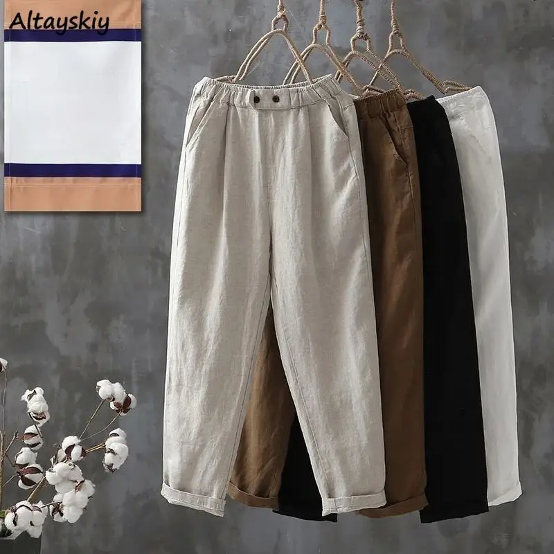 

Summer Casual Cotton Pants for Women Button Elastic Waist Ankle Length Comfortable Breathable Loose Fit Ladies Trousers