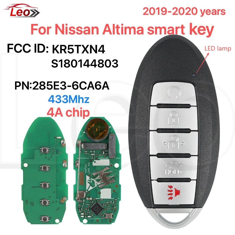 

Смарт-ключ Leo для NIssan Altima 2019-2020, 433,92 МГц, 4A-чип NCF29A1M PN: 2285E3-6CA6A, 5 кнопок со светодиодной лампой FCC: KR5TXN4 S180144803
