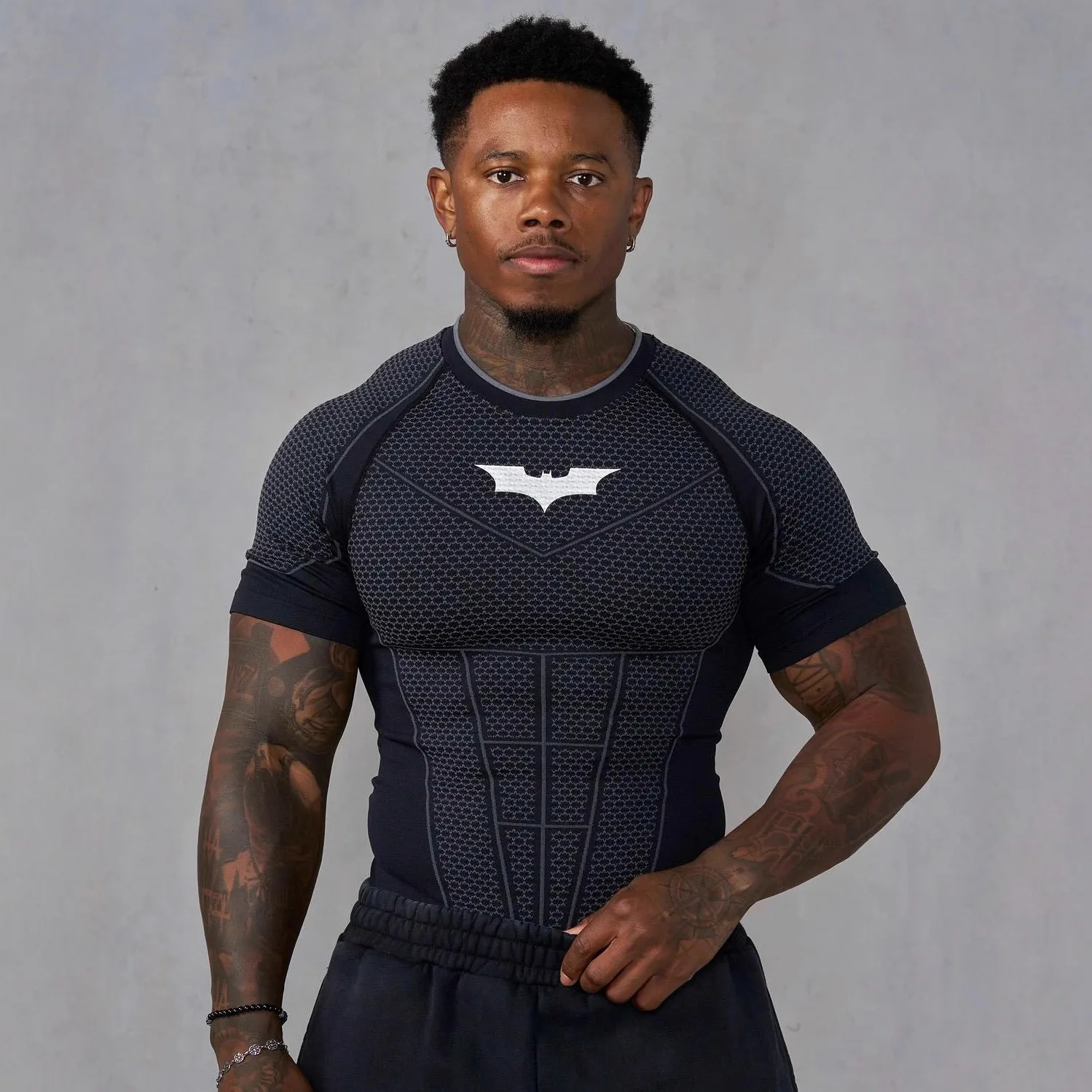 Men's Bodybuilding Short Sleeve Compression Shirt, Mesh Jacquard Stretch Sport Top, Sweat Wicking Slim T-shirt, Athletic Trainin