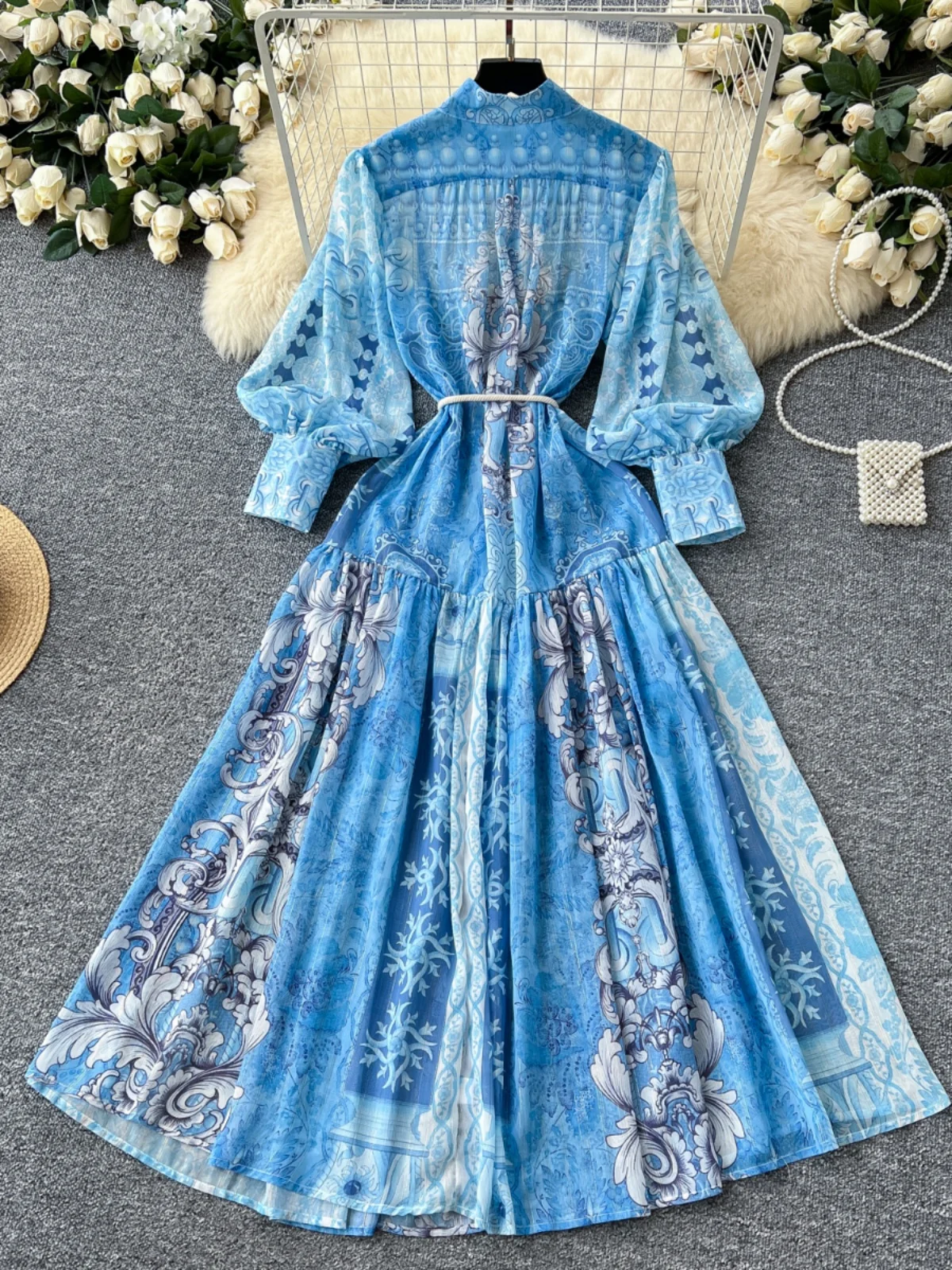 Vestido Longo Estampado F com Cintura Alta, Saia em A, Manga Lanterna, Gola Alta, Barra em Camadas, Estilo Coreano par...