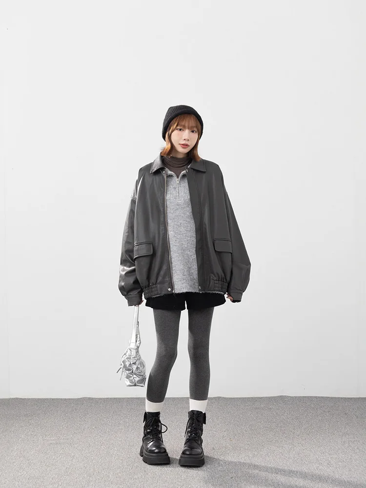 Queenop Herfst Winter Nieuwe collectie Damesmode Mat leer Jaet Loose Fit Bovenkleding Casual Sle Lange Sve Rits