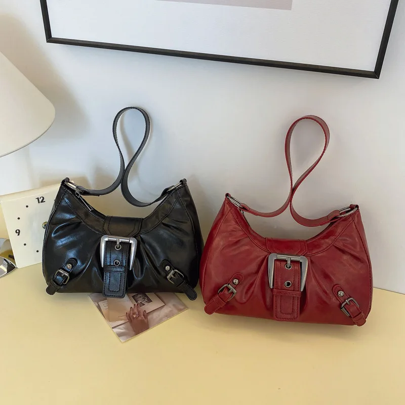 

IMJK 27*16*7cm Wrinkled new American retro commuting style motorcycle vintage style armpit shoulder bag for women