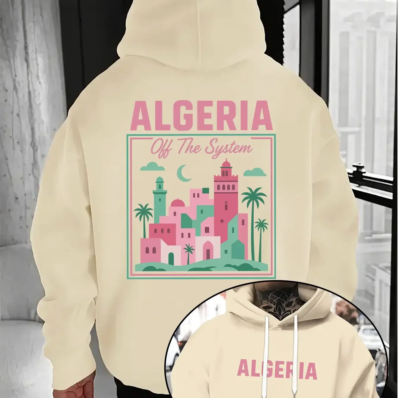 Vintage Pastel Algerian Medina Building Graphic Hooded Sweatshirt Unisex Africa Landscape Loose‑Fit Long Sleeve Hoodie