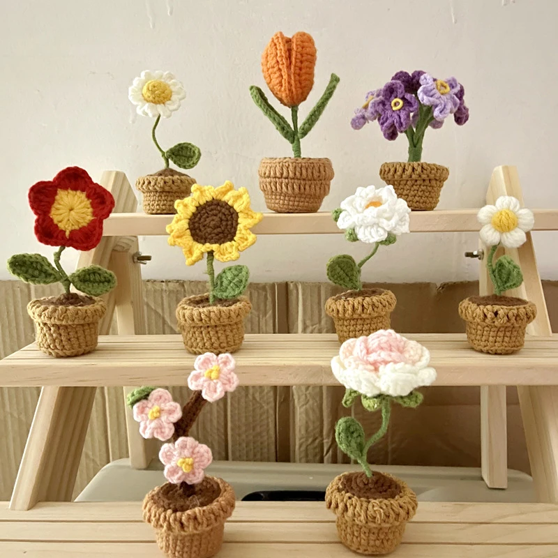 손으로 짠 해바라기 장미 꽃 화분, 수제 꽃다발, 홈 데스크탑 장식, 귀여운 완성 크로셰 꽃