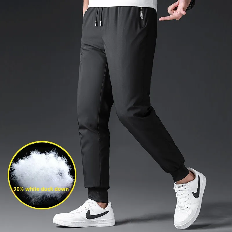 

2025 Men's Down Pants Winter Outerwear Feather Elastic Warm Trousers Long Casua Waist Youth Down Trousers Men Down Pant