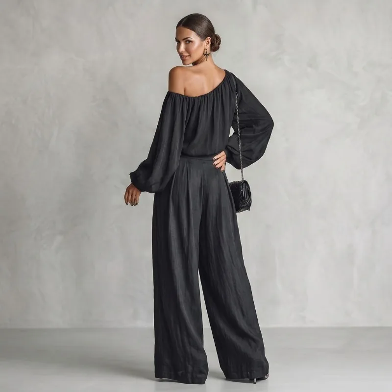 UOOZEE Women's Black 2 Piece Sets Solid Color One-shoulder Puff Sleeves Crop Tops & High Waist Wide Leg Pants Casual Daily Suits view 2