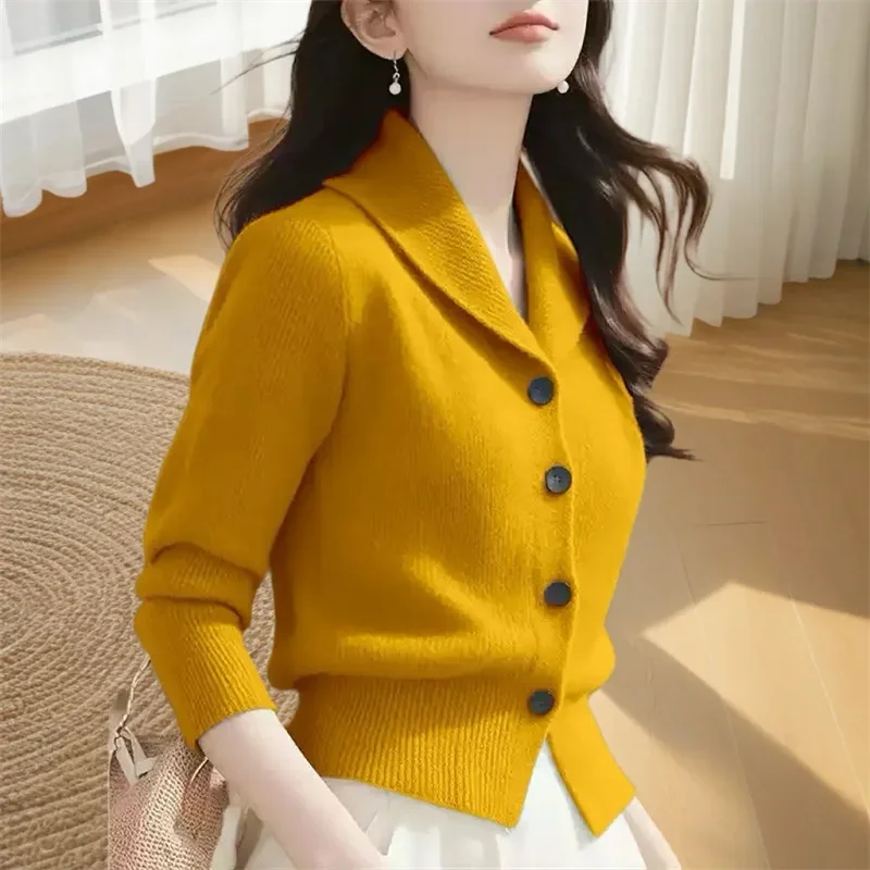 

2025 New Spring Autumn Turndown Collar High End Women Knitt Cardigan Sweater Fashion Korean Version Female Knitwear Tops Jacket
