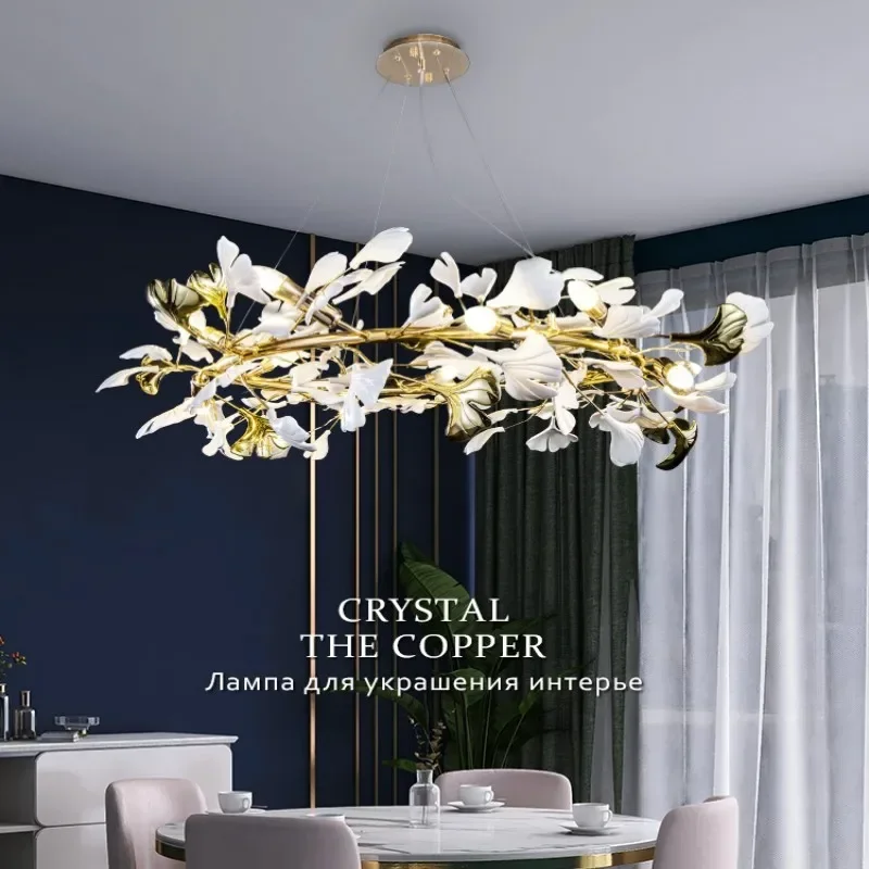 Nordic Ginkgo Leaf Crystal Chandelier Long Tree Branch Design for Dining Kitchen Living Room Bedroom - Elegant Hanging Light