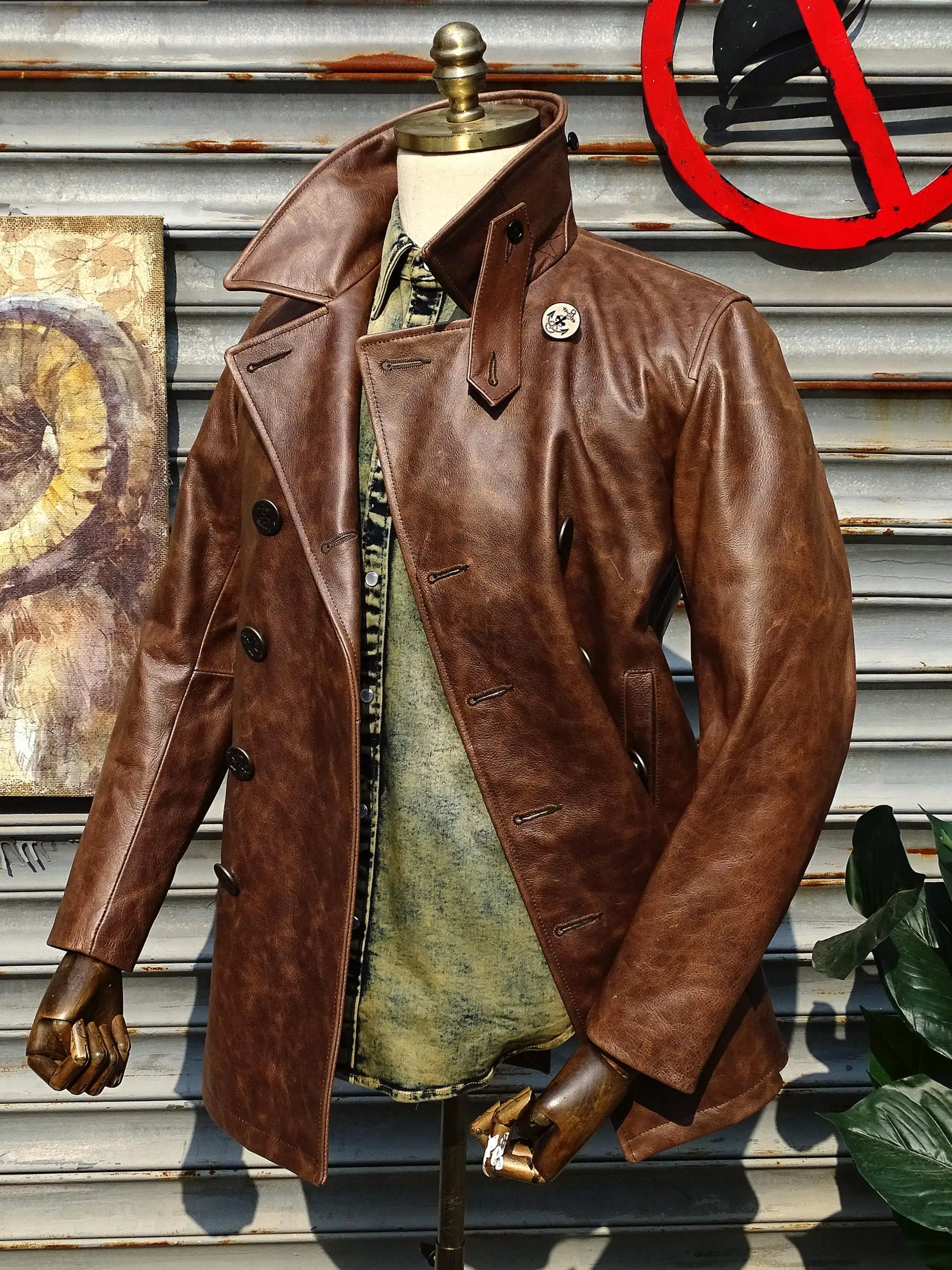 

740 Double-Row Button Genuine Cowhide Leather Jaet Head Layer Color-Changing Vintage Leather Coat Faionable Urban Casual