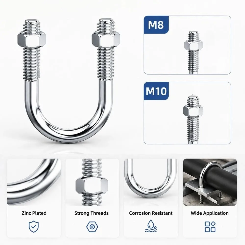 Multifunctional U-Bolts Screws M8 22mm M10 34mm Zinc Plating U-shaped Pipe Clamp Sturdy with Screw Nut Fixed Clamp