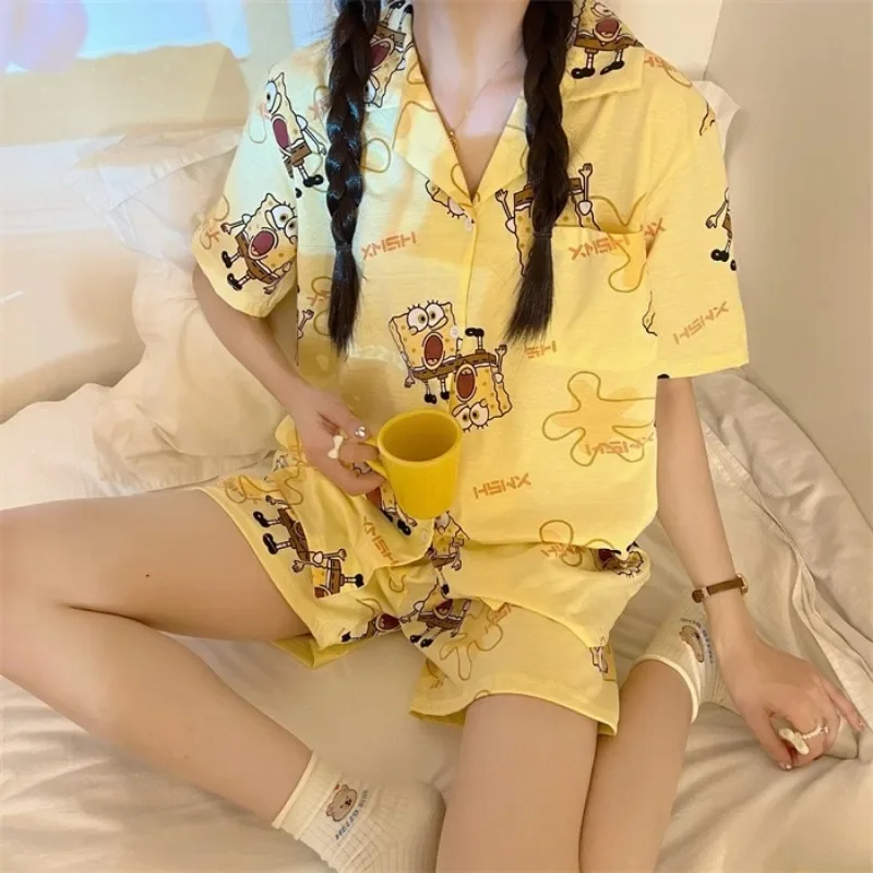 2 Piece Set SpongeBob Patrick Star Pajamas Cartoon Anime Summer Short Sleeve Shorts Women Cute Sleepwear Casual Lapel Homewear