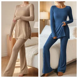 Fall Winter Knitted 2 Piece Suits Women Long Sleeve Ribbed Slit Long Top and High Waist Pencil Pants Set Fashion Outfit