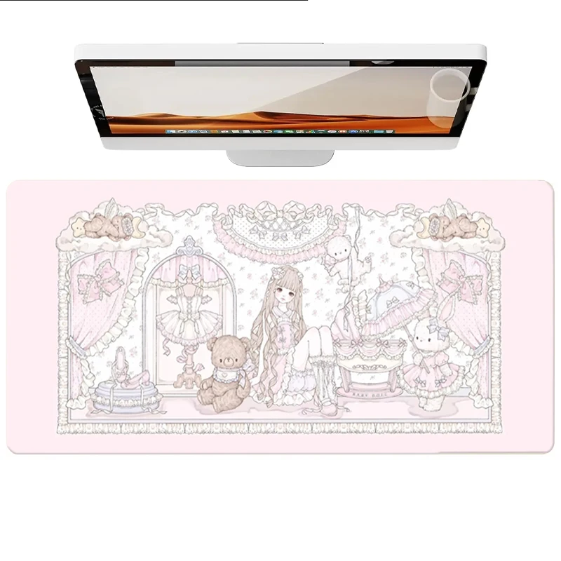 Cute Rabbit Bear Girl Leather Desk Pad Mouse Protector Non-Slip Large Mouse Pad Home &Office Desk Mat PU Leather Laptop Desk Pad