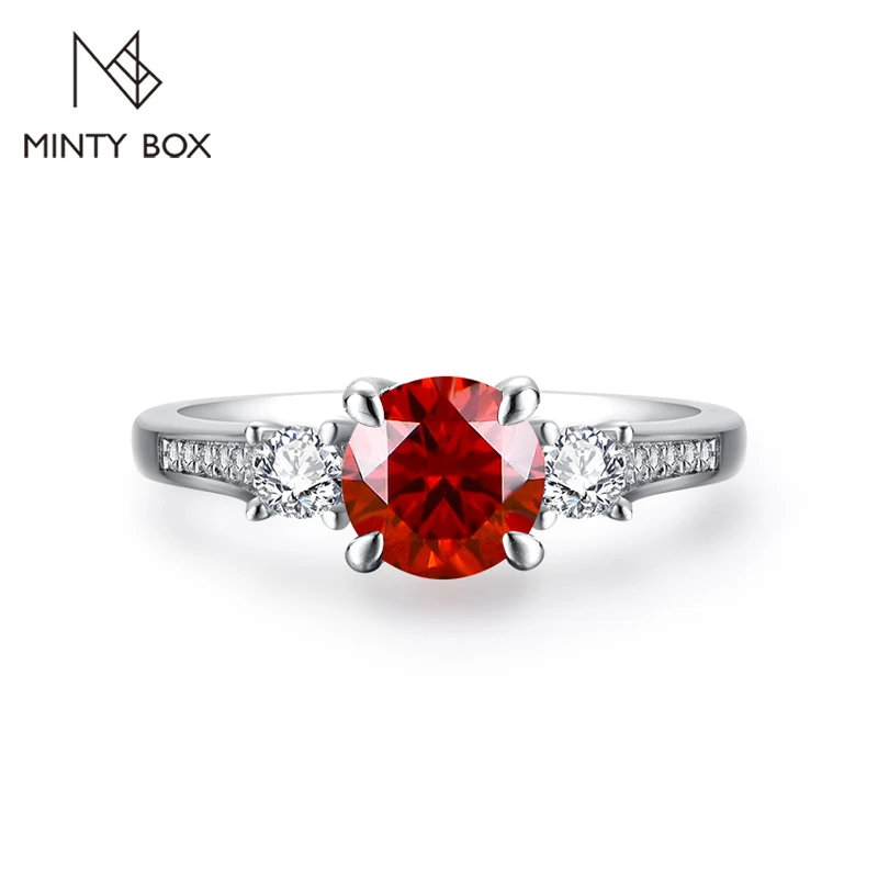 MINTYBOX D Color Round Cut 1ct Colorful Red Moissanite Ring for Women Solid 18k 14k 10k White Gold Ring Halloween Fine Jewelry