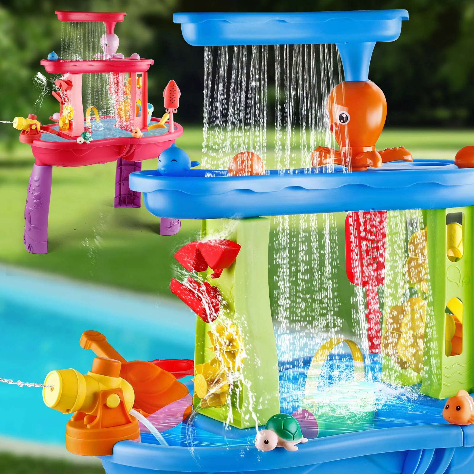 3-Tier Kids Splash Sand Table Water Toys, Rain Showers Splash Pond for Outdoor Beach Backyard, Halloween/Christmas/Thanksgiving