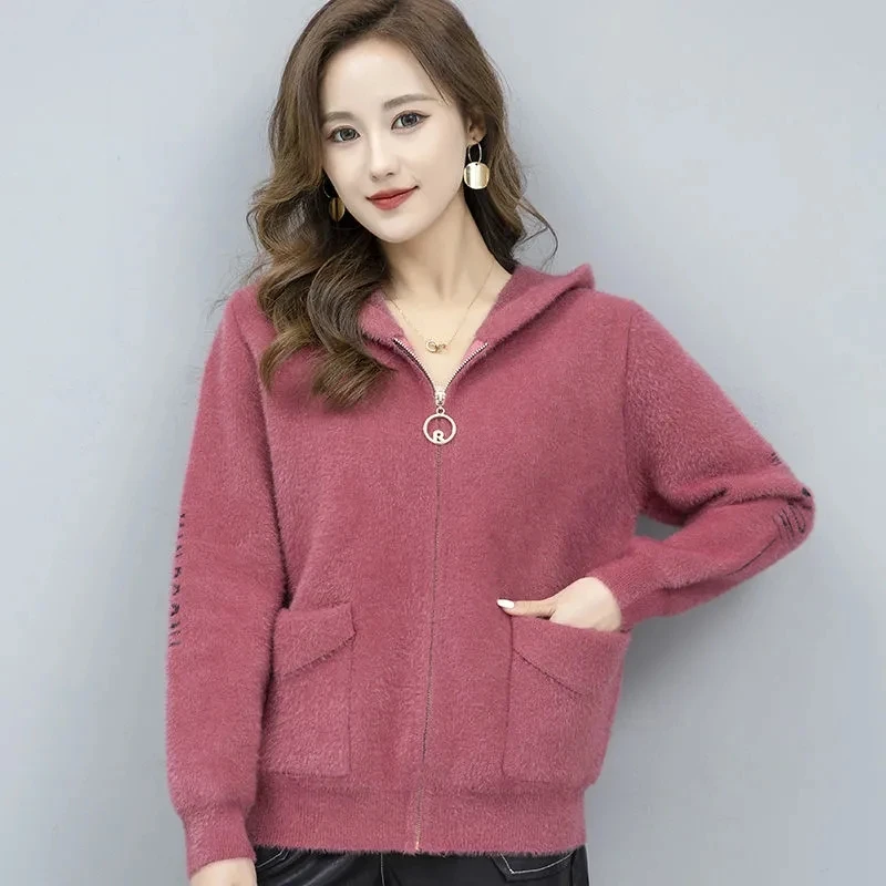 

Vintage Women's Coat South Korea Fashion Hooded Imitation Mink Cashmere Casual Zipper Short Knitted Cardigan Soft Jacket Women