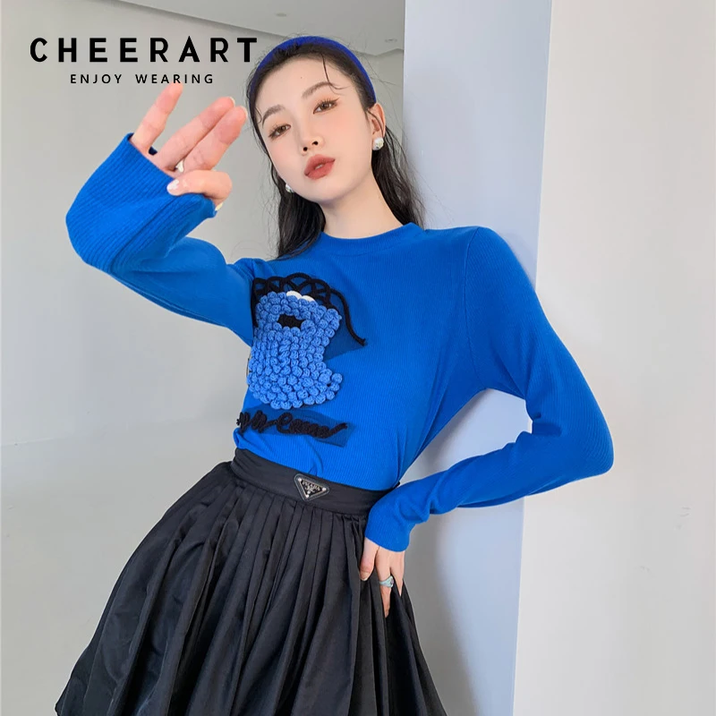 Clearance Monsters Blue Knitted Sweater Women Designer Pullovers Cute Sweater Crewneck Knitwear Winter Clothing