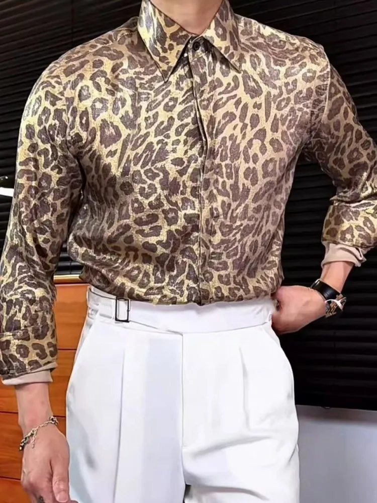 Mens Sexy Leopard Pattern Shirt Slim Fit Long Sleeve Nightclub Fashion Shirts Male Designer Single Breasted Casual Printed Tops