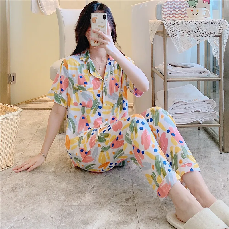 Pajamas Women Summer Short Sleeve Print Sleepwear Homewear Kawaii Korean Style Pajamas Set Home Clothes