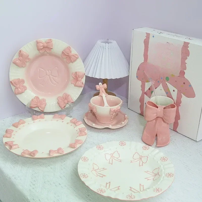 Bow tableware set, ceramic plate for household use, fruit plate.