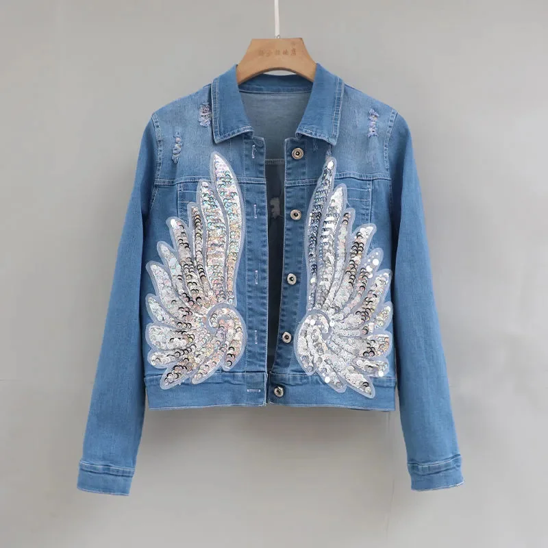 Korean Elastic Denim Jacket Women's 2024 Spring New Fashion Slim Embroidered Sequin Long sleeved Coat Female Cowboy Short Tops - Image 2
