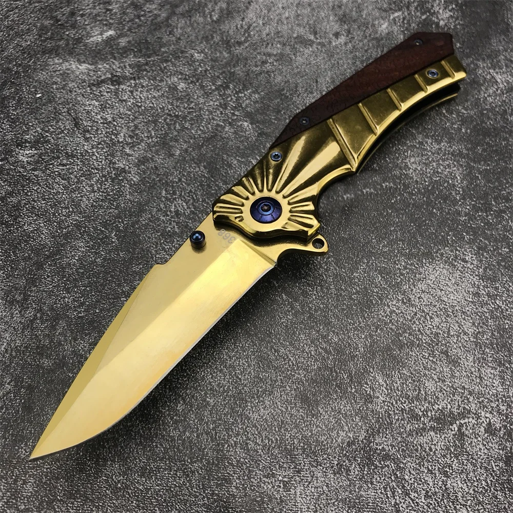 High Quality BN 368 Golden Folding Knife Assisted Flipper 5Cr13Mov Blade Stainless Steel Inlaid Colored Wood Handle Outdoor Tool