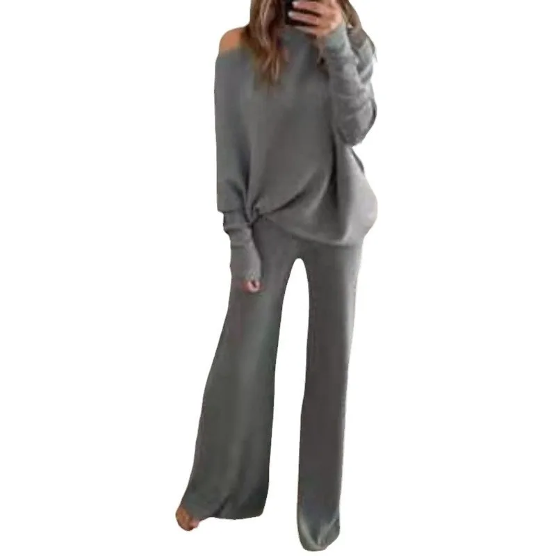 Autumn and Winter New Solid Color Simple Bat Sleeve Long Sleeve Drawstring High Waist Wide Leg Trousers Knitted Two-piece Set