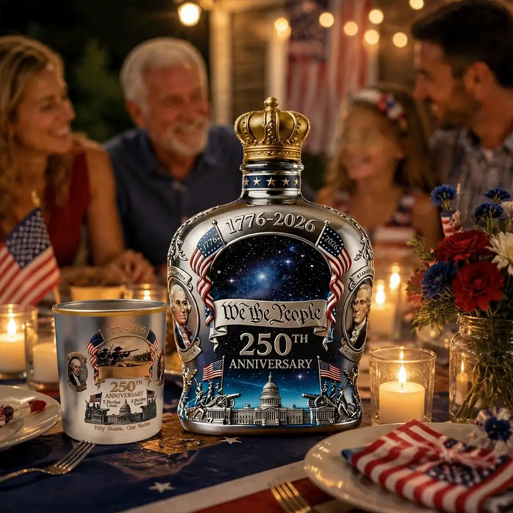 USA 250th Anniversary We The People Whiskey Bottle Vintage American Pattern Liquor Decanter Tumbler Kit Home Bar Table Decor Gif view 3